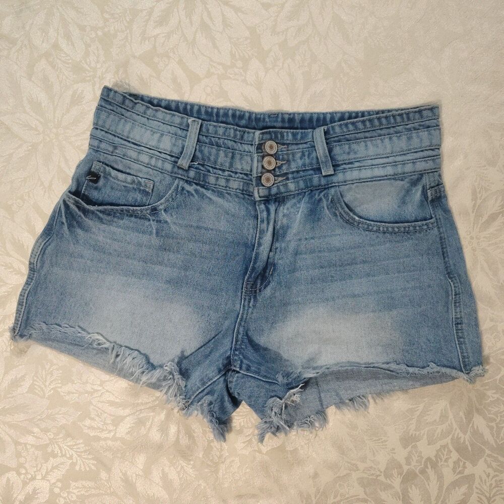 KanCan High Rise Distressed Cut Off Fray Hem Denim Shorts Button Fly Corset 9/28